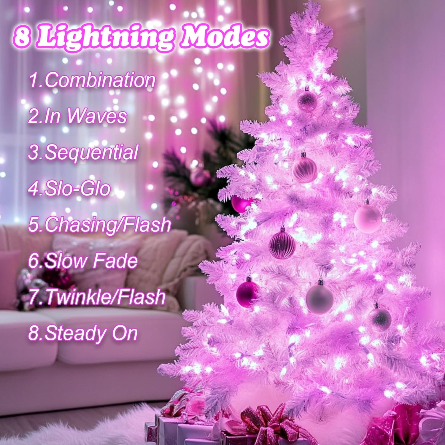 Pink Christmas Lights 200 LED Pink Fairy Lights for Bedroom 66Ft/20M with Timer IP44 Waterproof String Lights Mains Powered for Christmas Decorations, Bedroom Decor, Pink&White Secondary image
