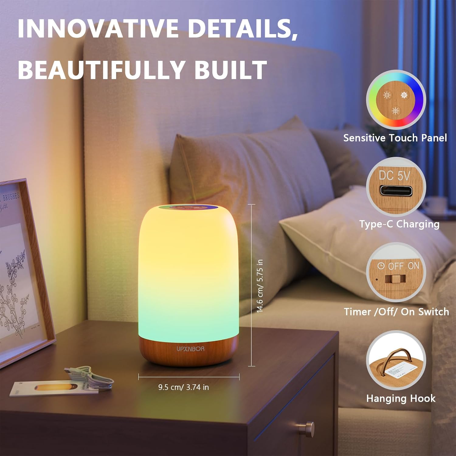 Night Light, LED Touch Bedside Table Lamp with Dimmable Light, 256 RGB Colours and 5 Brightness Levels, Timer, Hanging Hook, USB Rechargeable, Portable Lamp for Bedroom, Living Room, Kids