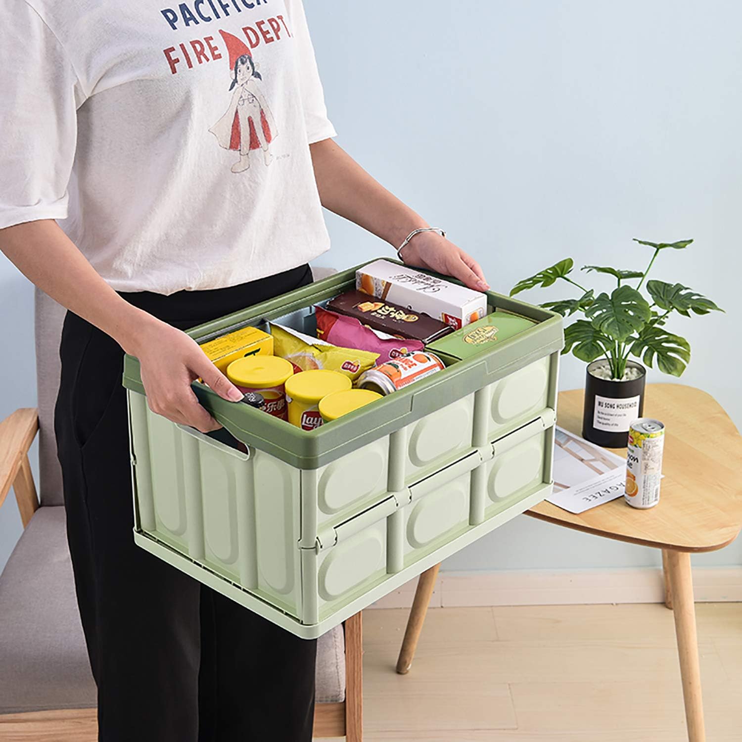 Collapsible Storage Bins 2 Pack 30L - Lidded Plastic Tote Container with Stackable Folding Utility Crate for Clothes, Toys, Books, Snacks, Shoes, Grocery - Green Secondary image