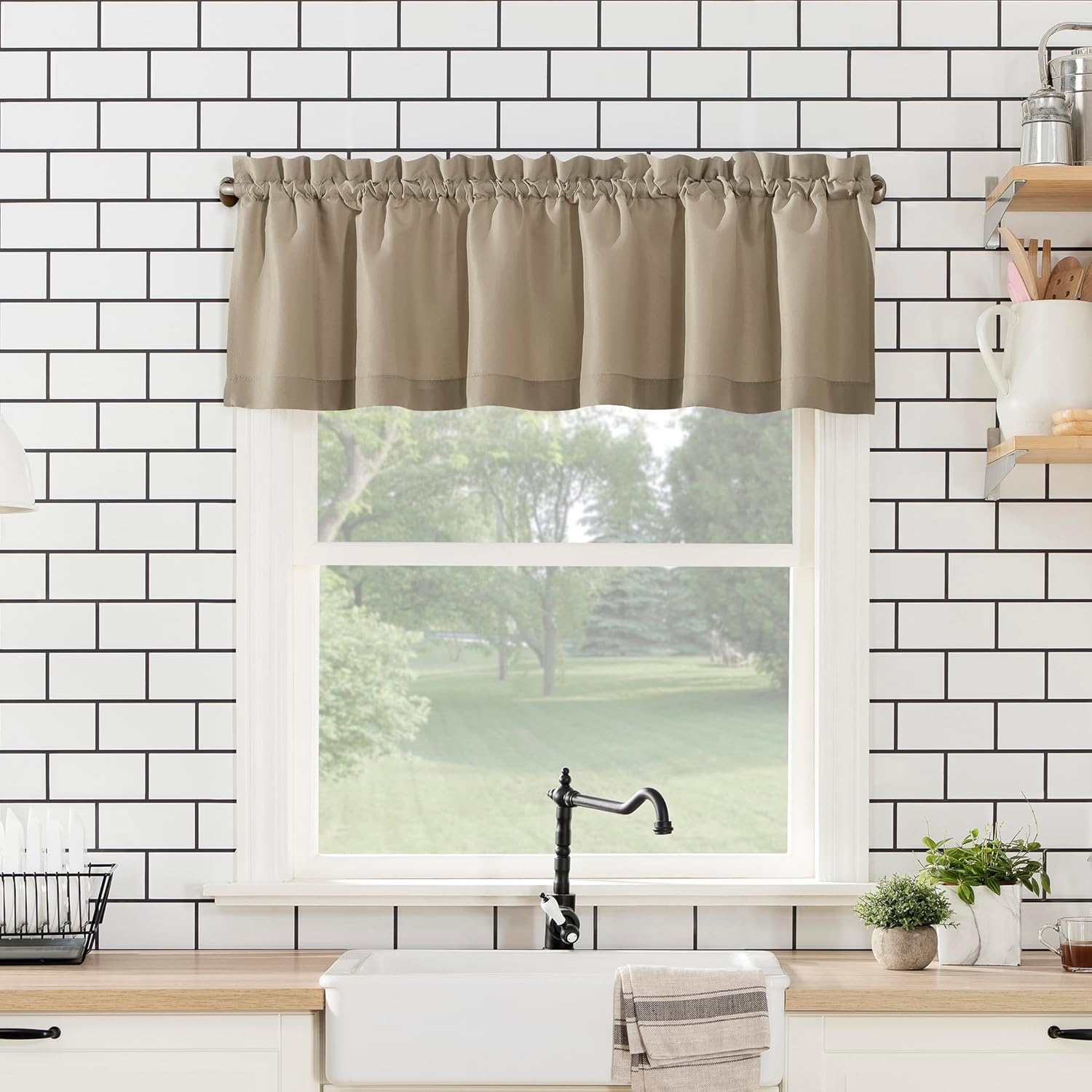 No. 918 Martine Microfiber Semi-Sheer Rod Pocket Kitchen Curtain Valance and Tiers Set, 54" x 36", Taupe