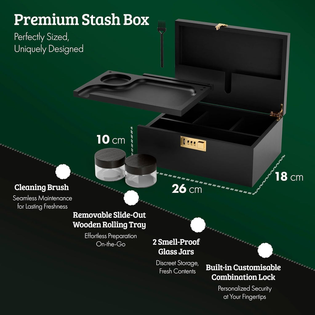 Large Bamboo Wooden Stash Box with combination Lock, Rolling Tray and Glass Storage Jars - Wood Storage Rolling Set with Lock and Smoking Accessories Kit (Black Wooden Stash Box)