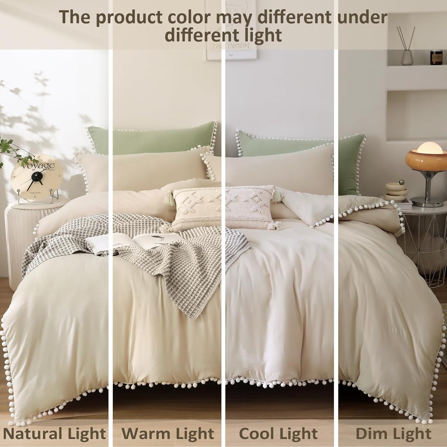 Beige and White Duvet Cover King Size Pom Pom Tassels Bedding Cover Soft Microfiber Bedding Set with Zipper Closure (220x230cm)