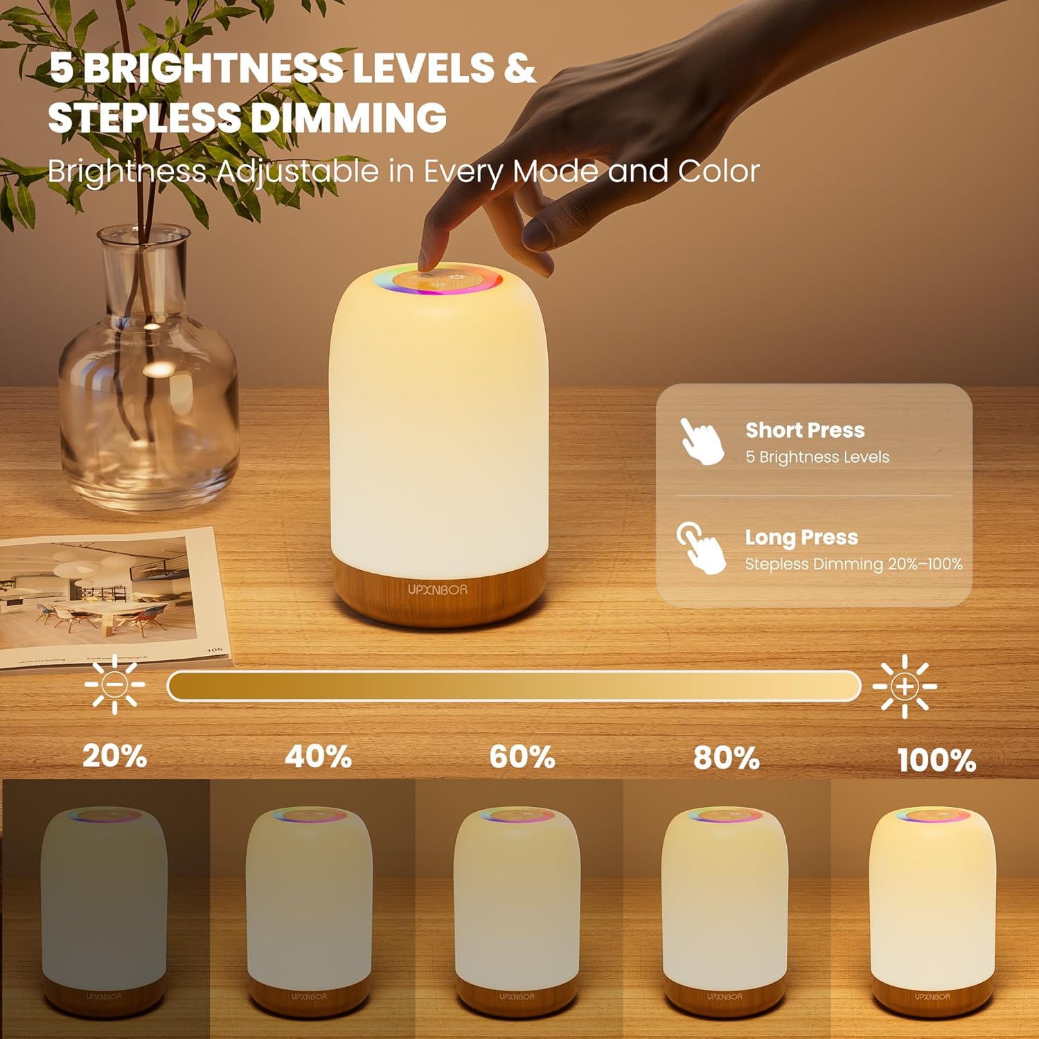 Night Light, LED Touch Bedside Table Lamp with Dimmable Light, 256 RGB Colours and 5 Brightness Levels, Timer, Hanging Hook, USB Rechargeable, Portable Lamp for Bedroom, Living Room, Kids
