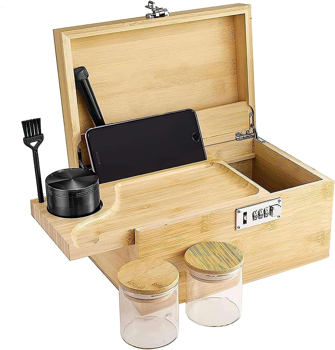 Polegas Bamboo Stash Box, Rolling Box with Combination Lock, Wooden Storage Boxs with Rolling Tray and All Accessories, Perfect Choice for Family or Personal Gifts Main image
