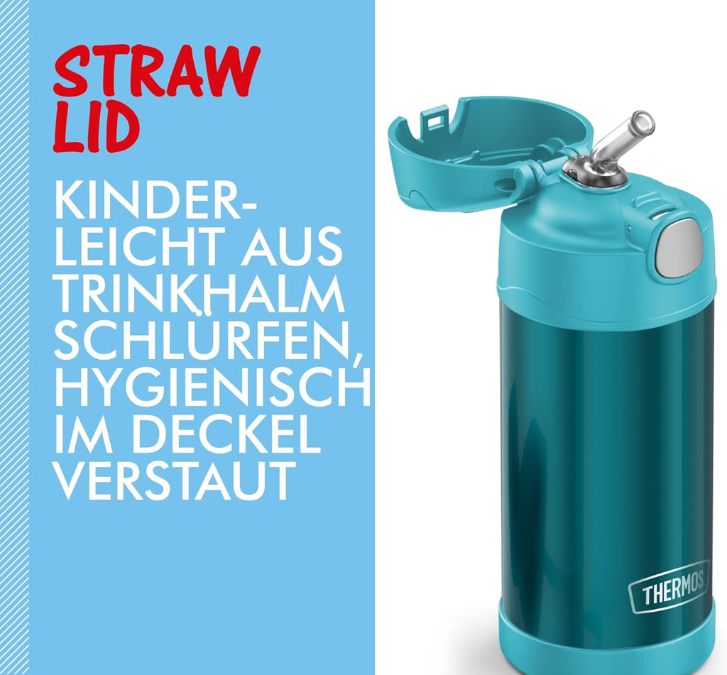 THERMOS Kids FUNTAINER Straw Bottle 0.35 L, Ocean Teal, thermos Flask for Children, Made of Stainless Steel, with Straw, 12 Hours Cold, Absolutely Leak-Proof, for School, Nursery, Break