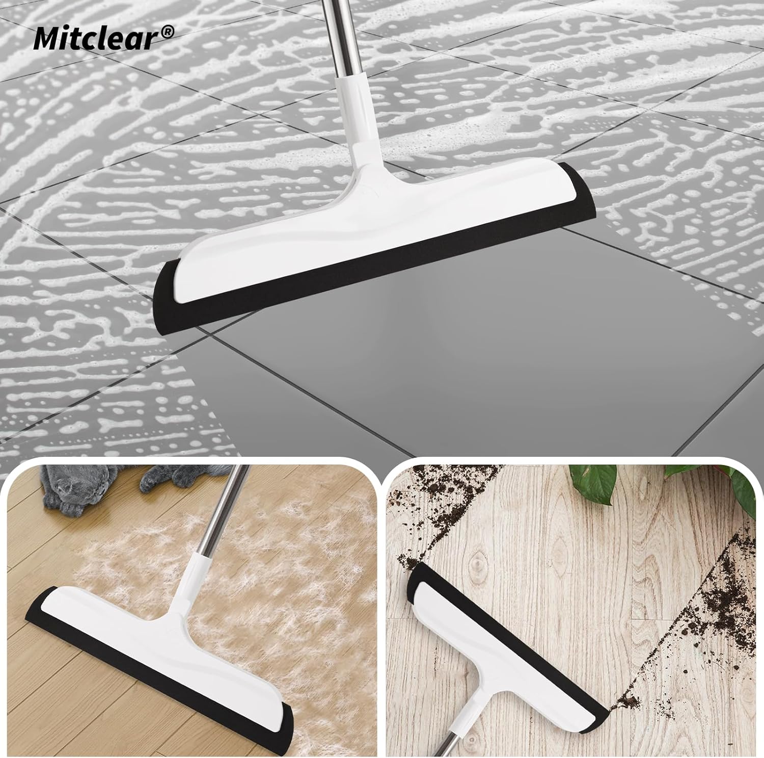 Floor Squeegee with Long Handle(50IN), Extendable Foam Squeegee Mop for Wet Room, Squidgy Shower Cleaner, Handled Floors Sweeper Water Wiper for Bathroom Kitchen Pool Pet Hair