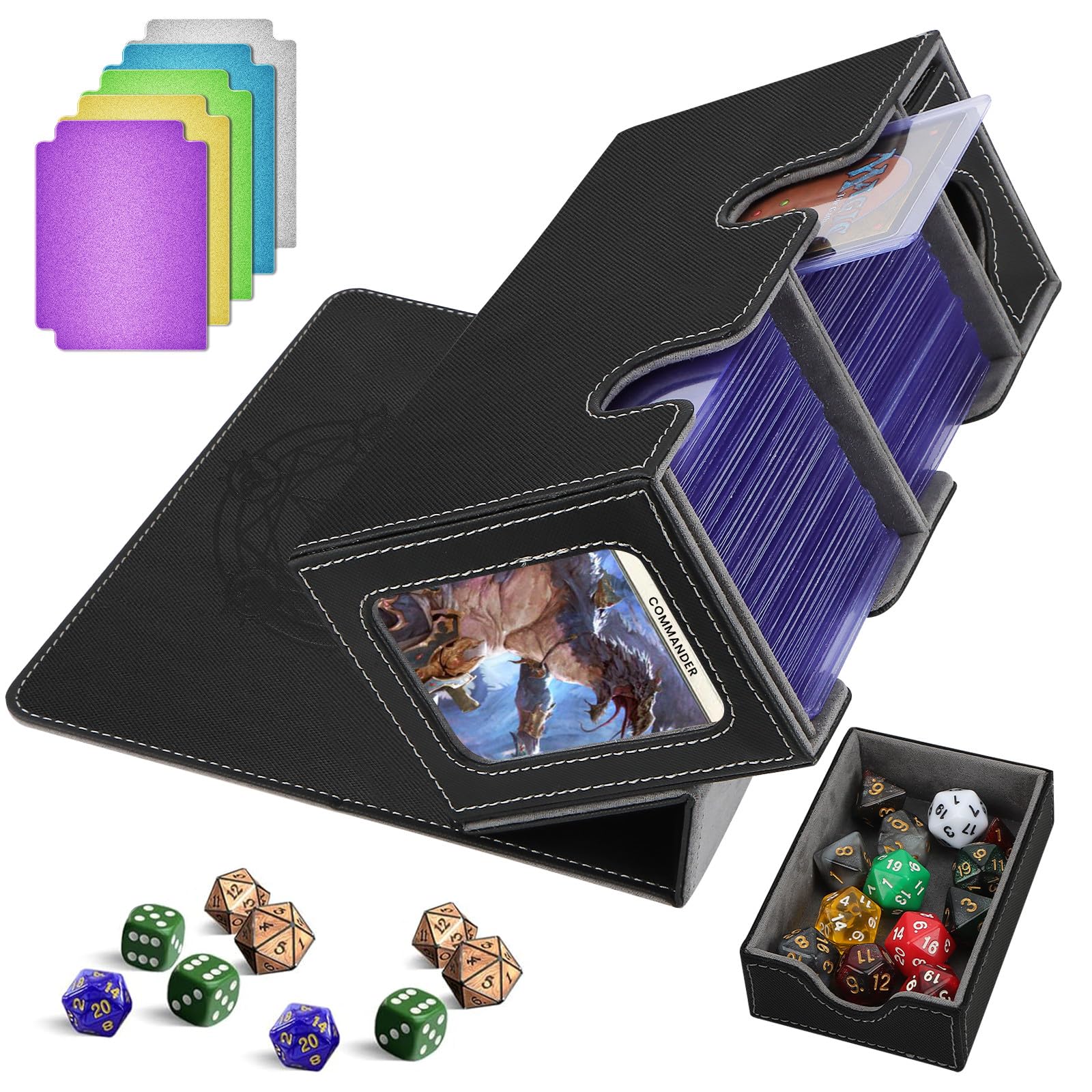 HIMOMO Deck Box for MTG Cards, PU Leather Commander Deck Box with Display Window Holds 300+ Sleeved Trading Cards, with Dice Tray & Toploaders（Black&grey）