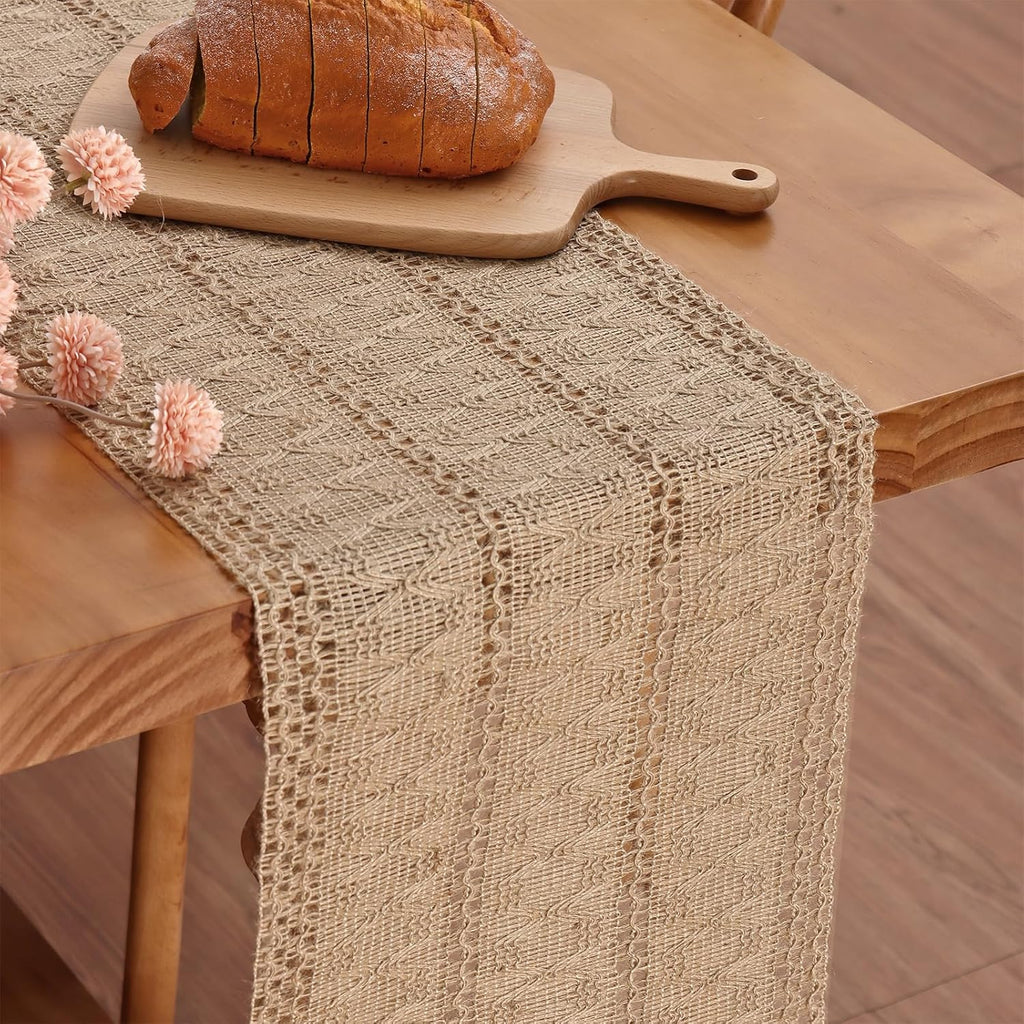 Boho Christmas Table Runner Macrame Farmhouse 95 Inch Burlap Jute Bamboo Coffee Table Runner Rustic Table Cover Dresser Scarf for Christmas Dining Kitchen Table Centerpiece Decor