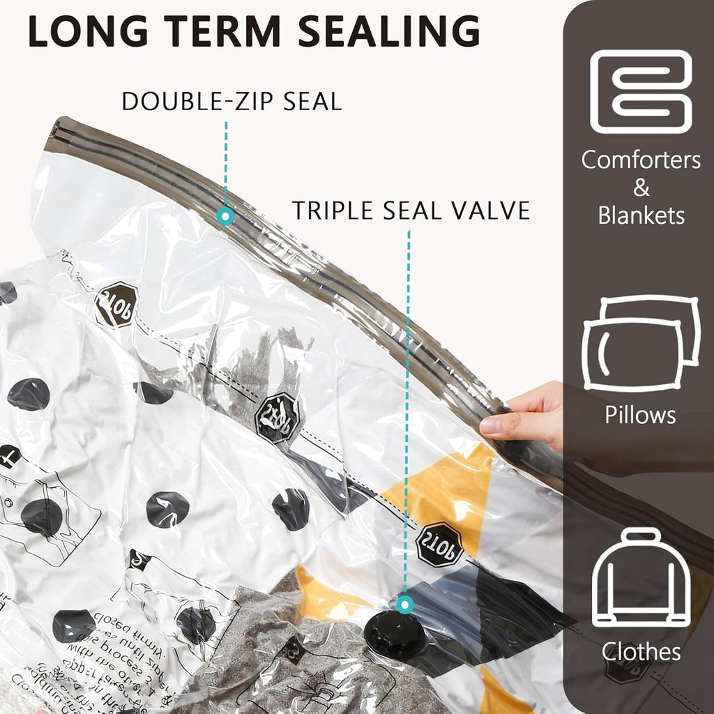 Vacuum Storage Bags 8 Jumbo, Space Saver Bags with Travel Hand Pump, Compression Airtight Sealer Bags for Clothes, Bedding, Pillows, Comforters, Blankets