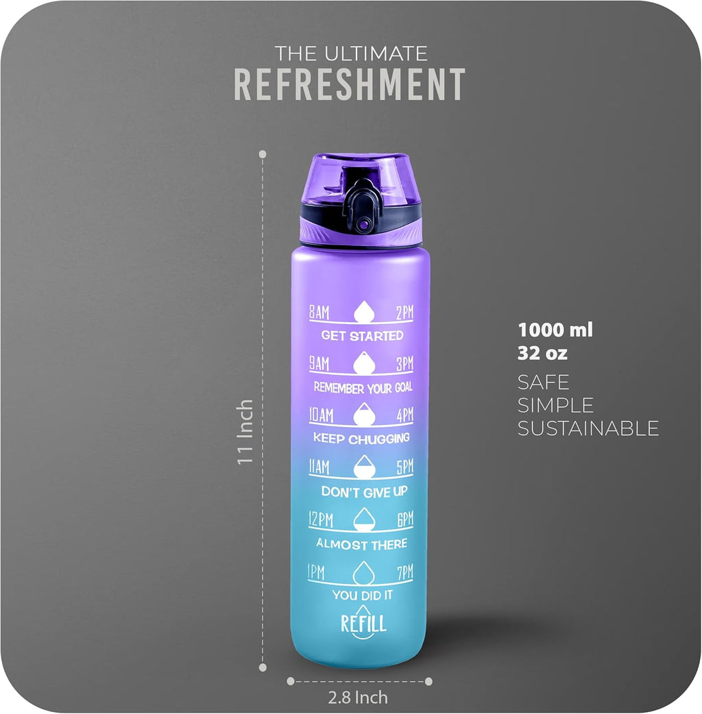 Water Bottle 1L, Sports Water Bottle with Time Markings, BPA-Free, Leak-Proof Drinks Bottle, Perfect for Running, Cycling, Gym, Yoga, Camping and Outdoor Activities, Blue-purple