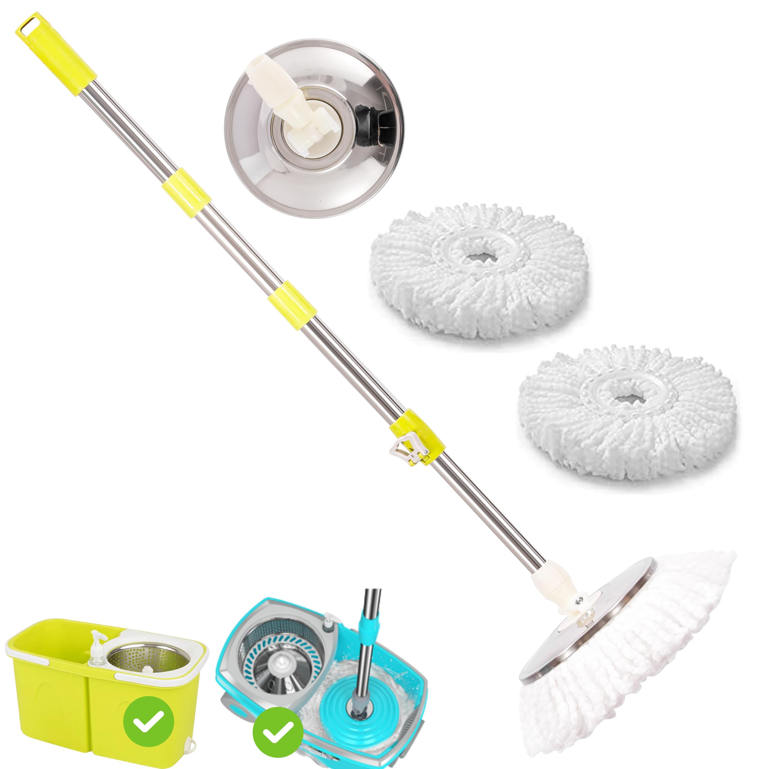 Spin Mop Head Base Handle with 2 Microfibers Head Refills – Stainless Steel Mops Stick/Rod/Pole Replacement for 360° Spin Buckets Systems, Universal Mop Handle for Floor Cleaning Main image