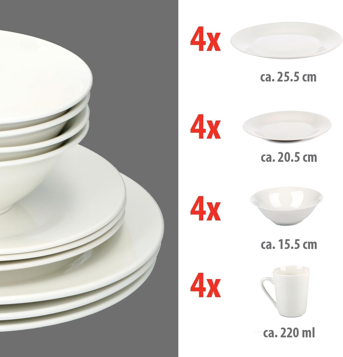 alpina Dinner Set for 4 People - Plates and Bowls Set - Earthenware Tableware - Dinner Plates, Dessert Plates, Bowls and Mugs - Microwave and Dishwasher Safe - White Secondary image
