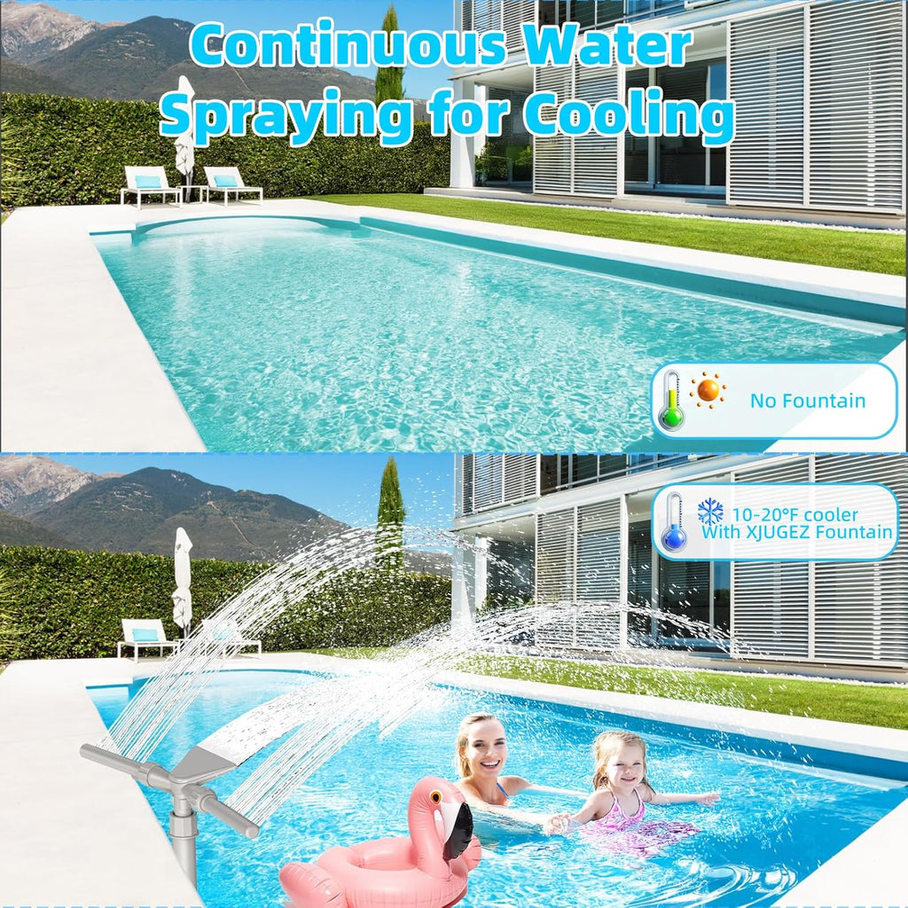 Pool Fountain for Above and In-Ground Pools, XJUGEZ 360° adjustable Dual Mode Waterfall pool sprinkler fountain, pressure and height adjustable pool accessories for ground pools, multi-size interfaces