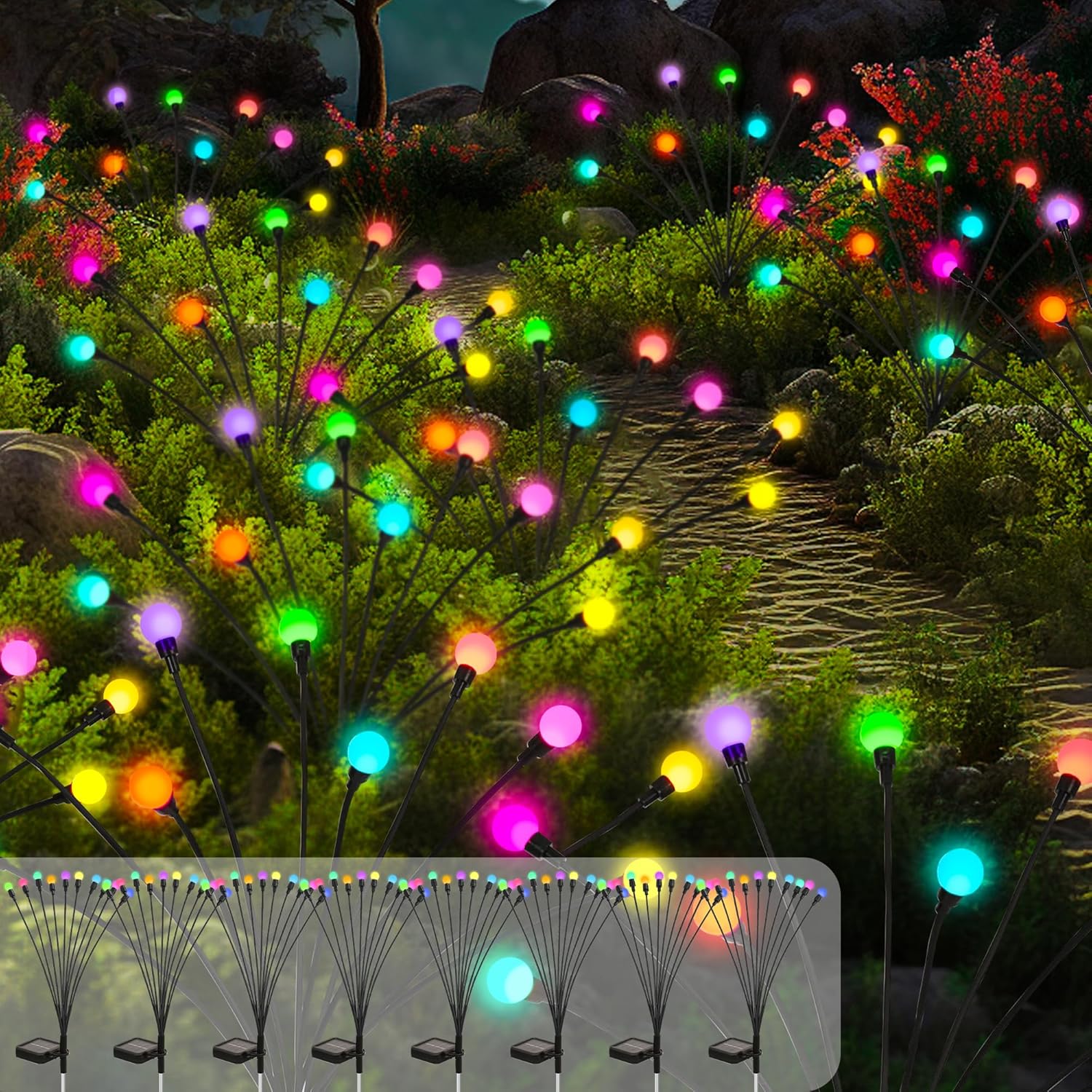 Solar Lights Outdoor Garden, 80 LED Firefly Outdoor Garden Lights Waterproof, Solar Powered Swaying Light for Pathway, Yard, Patio Decoration (8 Pack,Colorful) Main image