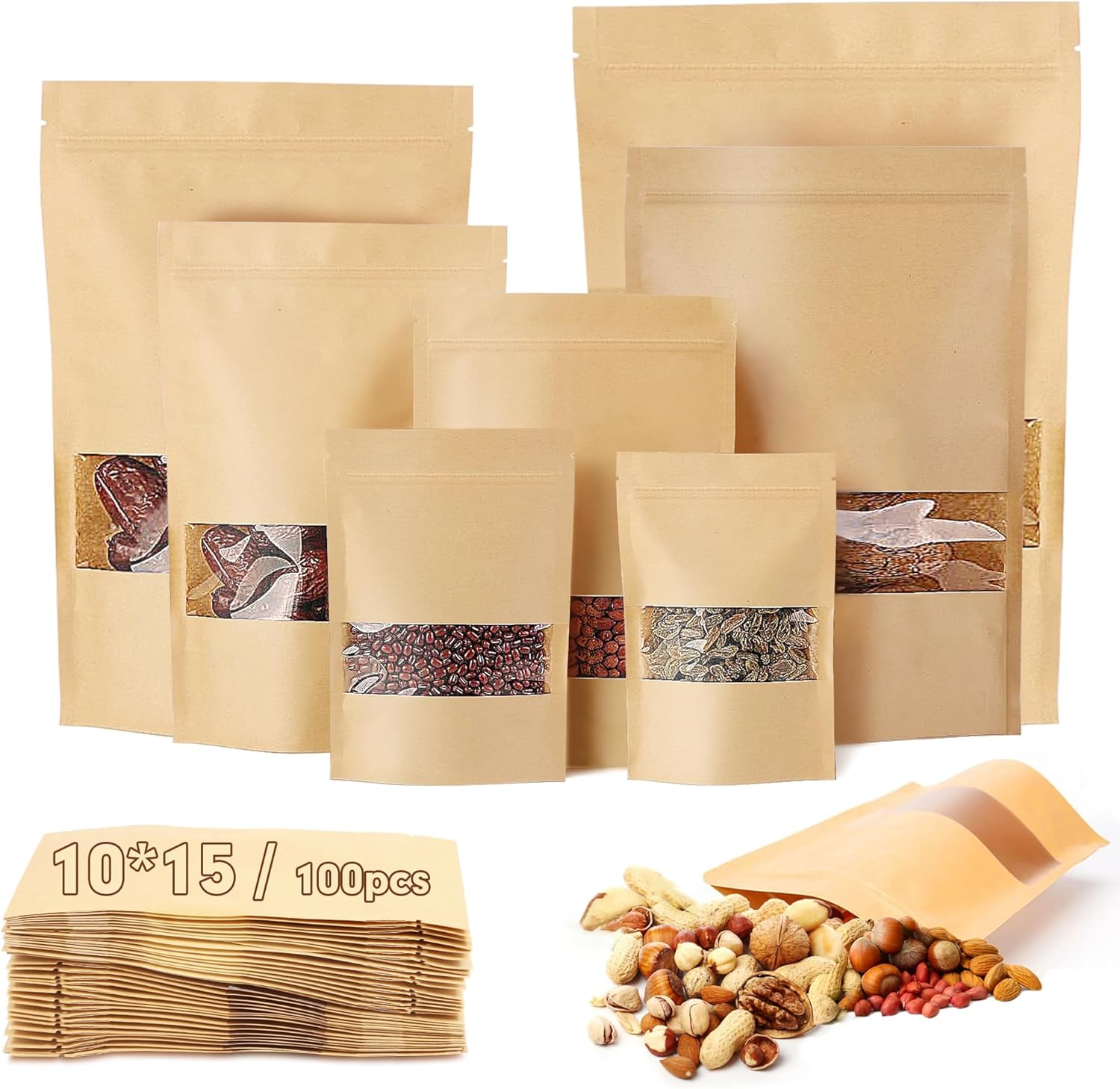 100PCS Kraft Paper Bags With Window 10X15cm Sealable Ziplock Pouches Waterproof for Nut Coffee Beans Tea Leaves Spices Food Storage