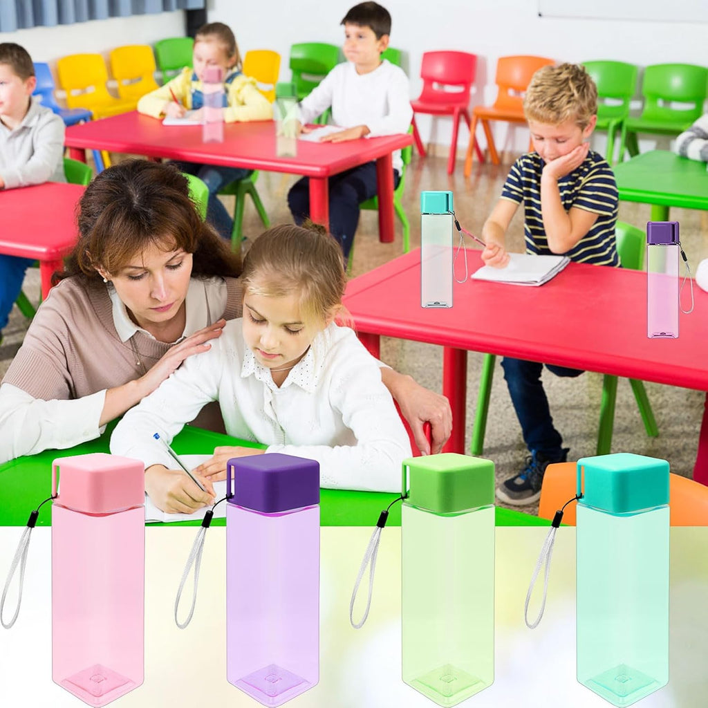 20 Pack Kids Plastic Water Bottle Bulk 500ml Sport Water Bottle, Reusable Square Drink Bottles, Lightweight Leakproof Beverage Bottles with Handle Strap for School, Gym, Outdoor Fitness, Travel