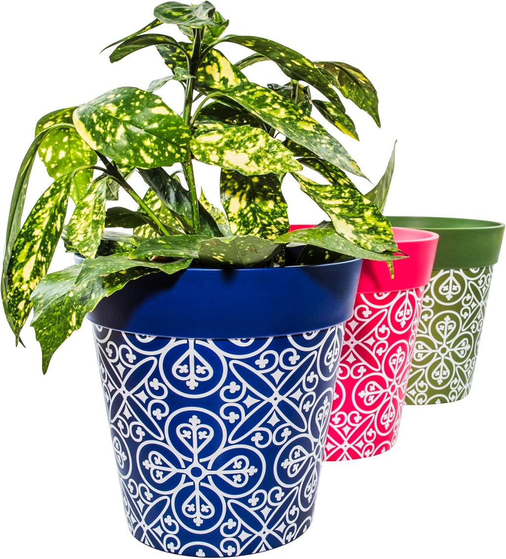 Hum Flowerpots, 22cm Set of 3, Various Patterns Colours and Sizes, Indoor/Outdoor Plastic Plant Pots, Green, Blue, Pink Maroc