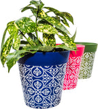 Hum Flowerpots, 22cm Set of 3, Various Patterns Colours and Sizes, Indoor/Outdoor Plastic Plant Pots, Green, Blue, Pink Maroc