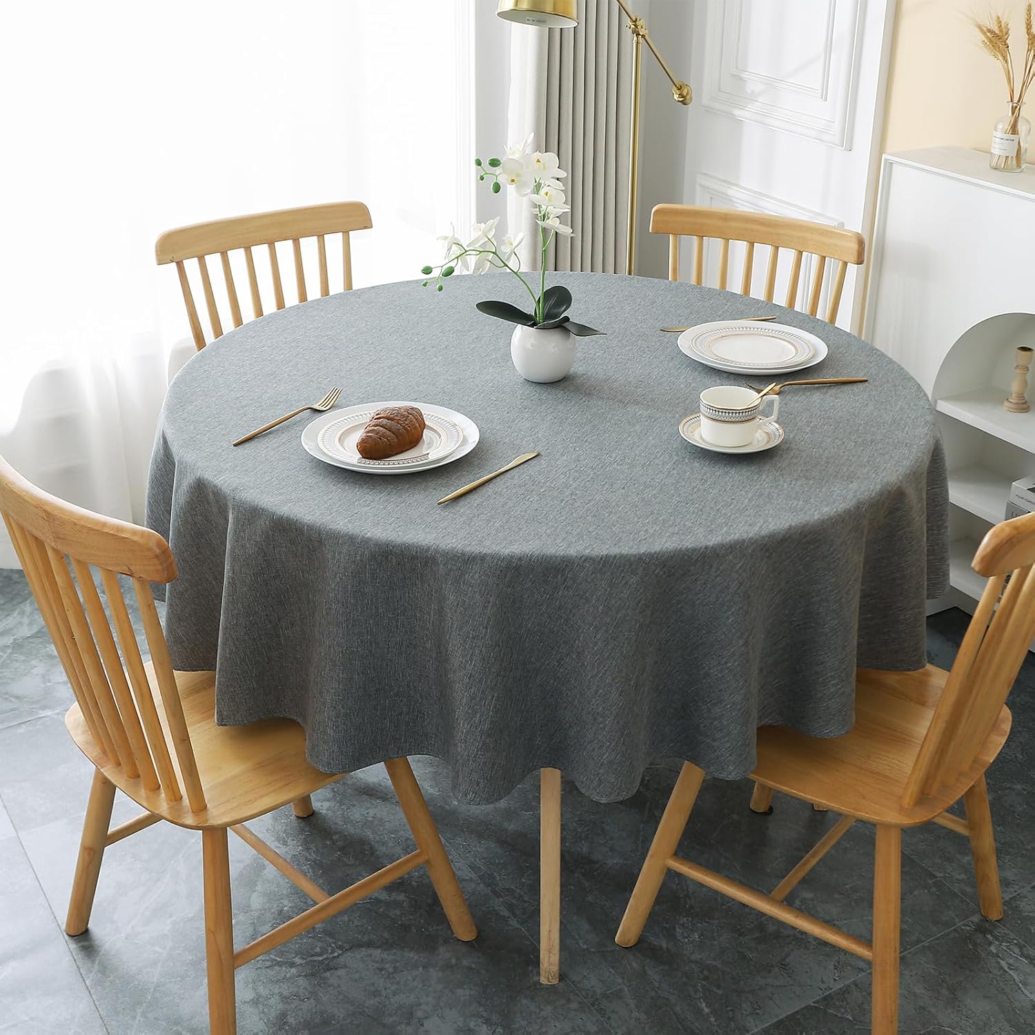 AooHome Tablecloth Round Φ120cm Grey, Wipe Clean Tablecloths Washable Polyester Faux Linen Tablecloth Water-repellent with Lotus-effect, Durable Scratch Resistant for Dining room, Balcony, Garden