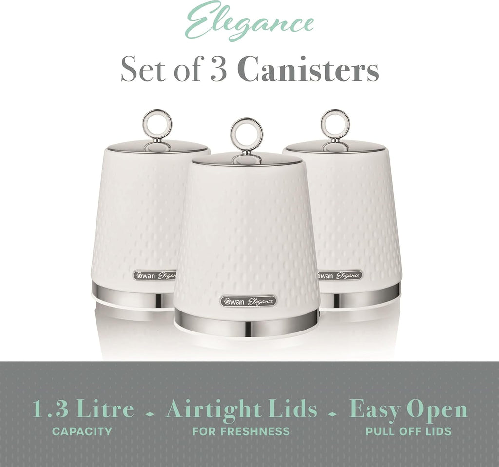 Elegance SWKA18533WHT Set of 3 Kitchen Storage Canisters for Tea, Coffee, and Sugar with Textured Gloss Finish and Stainless Steel Accents, 1.3L, White