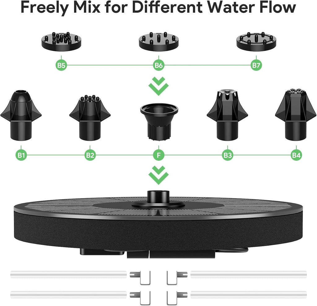 Solar Power Fountain, THEGUS 2.5W Solar Fountain Pump, Solar Water Fountain Kits with 7 Nozzles, Free Standing Floating Solar Fountain for Bird Bath, Fish Tank, Pool, Patio and Garden Decoration
