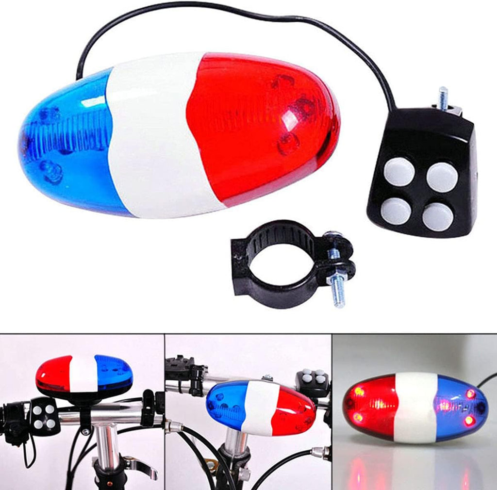 Bicycle Police Siren Bike LED Light Electric Horn Bicycle Police Sound Light 4 Sounds Melody Bicycle Power Horn Siren Bell 6-LED Flashing Blue and Red Bicycle Safety Light for Mountain Bike Road Bike