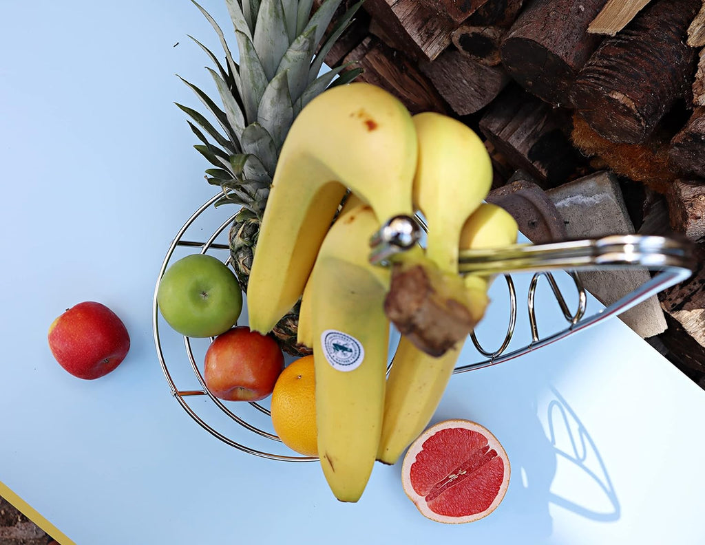 Fruit Basket Fruit Bowl with Banana Hook 43cm Tall, Wired Fruit Rack/Banna Stand Hanger - Silvery Chrome Finish