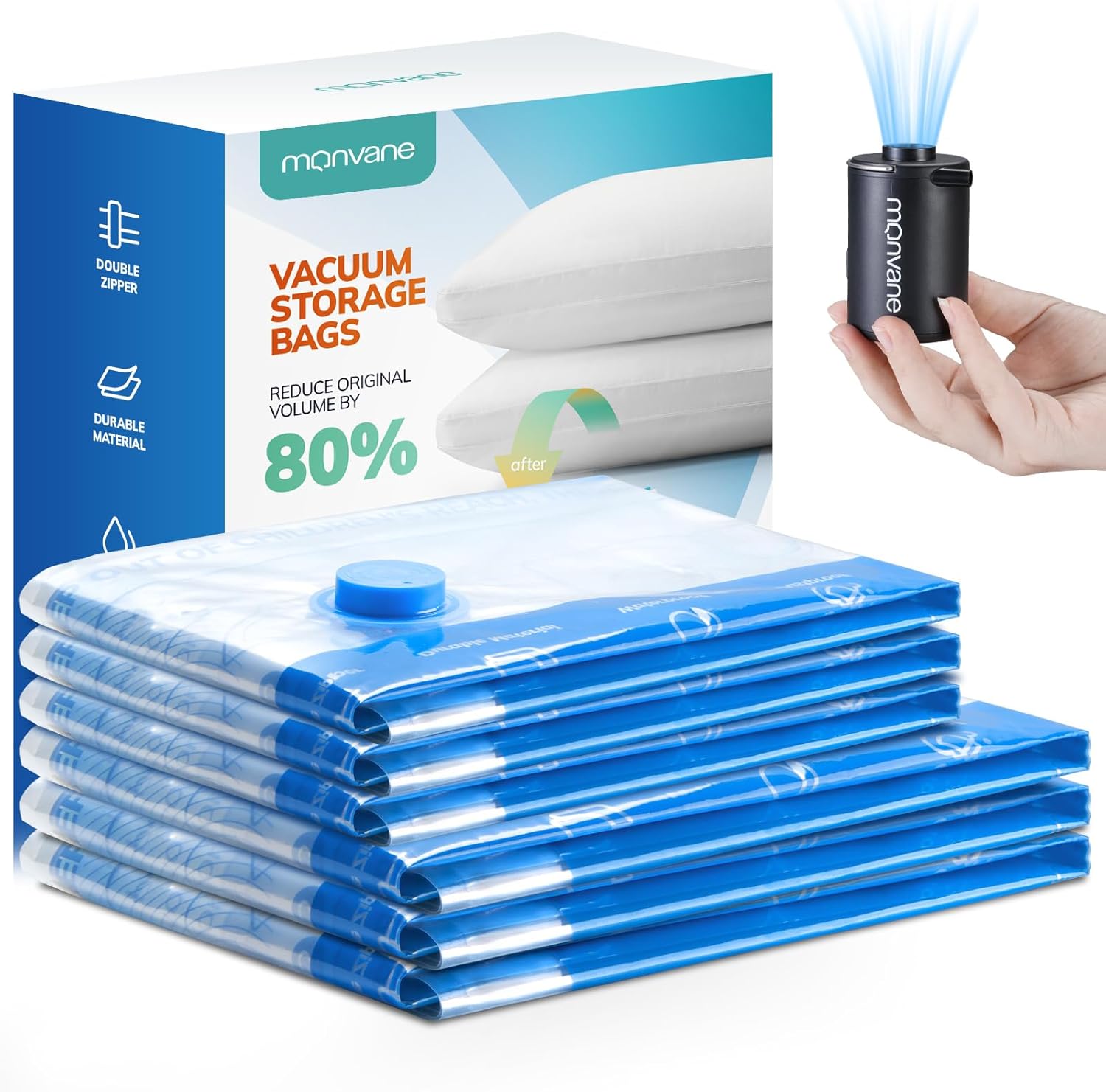 Vacuum Compression Storage Bags for Clothes - 6 Pack Reusable Space Saver Bags with Wireless Electric Air Pump for travel (3 Medium + 3 Small) Main image
