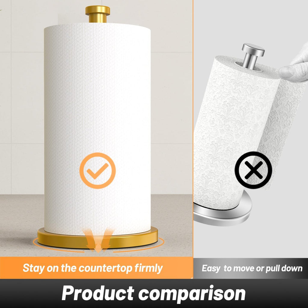Gold Kitchen Roll Holder, Free Standing Paper Towel Holder with Suction Cups, Kitchen Towel Holders for Standard and Large Rolls, Suit for Kitchen, Dining Room,Bathroom