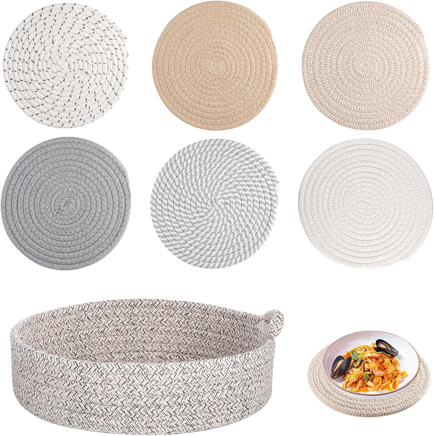 Kyrio Round Placemats, Trivets Mats Hotplate Mats, Heat Resistant Mat, for Kitchen, Restaurant,Dining Table, with storage basket(6PCS) Secondary image