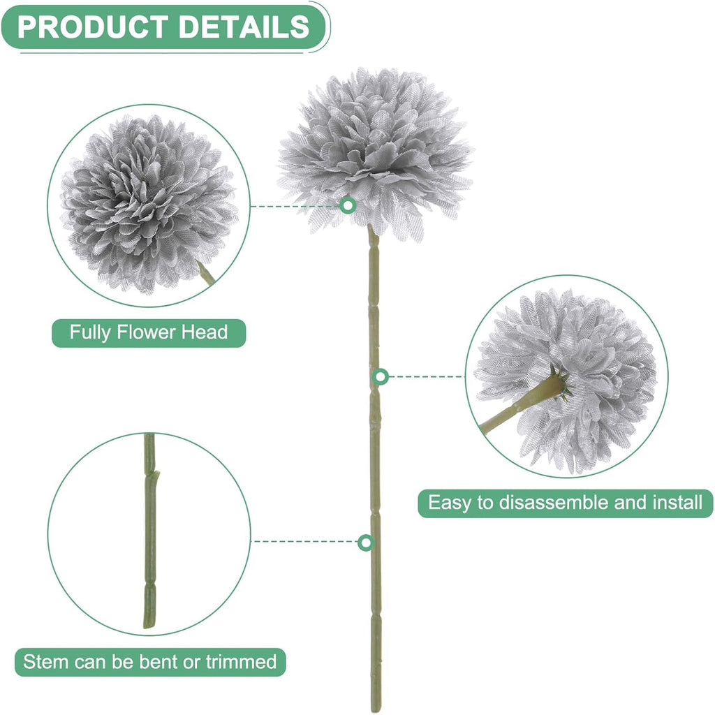6-Pack Artificial Chrysanthemum Ball Flowers,11 Inch Faux Chrysanthemum Silk Bouquets Real Touch Faux Flowers for Home/Wedding/Christmas/Party[Silver]