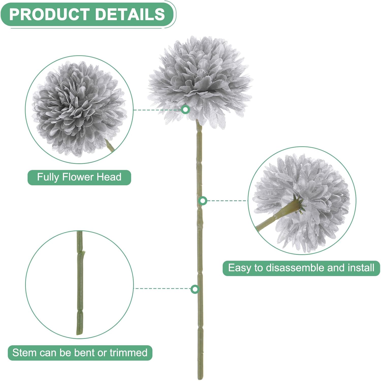 6-Pack Artificial Chrysanthemum Ball Flowers,11 Inch Faux Chrysanthemum Silk Bouquets Real Touch Faux Flowers for Home/Wedding/Christmas/Party[Silver]