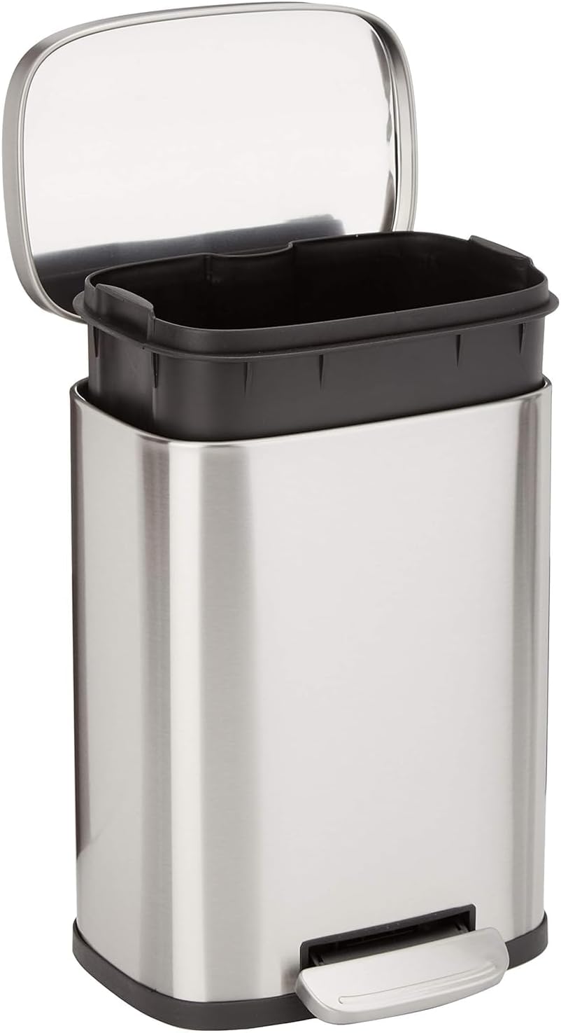 Smudge Resistant Mini Rectangular Trash Can With Soft-Close Foot Pedal, Brushed Stainless Steel, for Bathroom & small space, 5 L /1.32 Gal, Satin Nickel Finish, 7.3x8.5 x11.8 in (LxWxH)