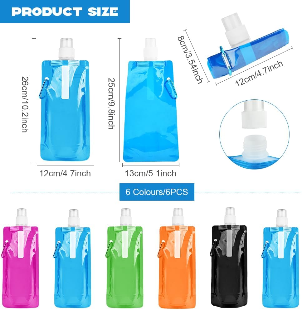 Foldable Sports Bottle, 6pcs Foldable Water Bottle 500mL, Reusable BPA Free Collapsible Water Bottle, Flexible Drink Pouches Bags with Clip for Outdoor Sports, Travel, Biking, Hiking Secondary image