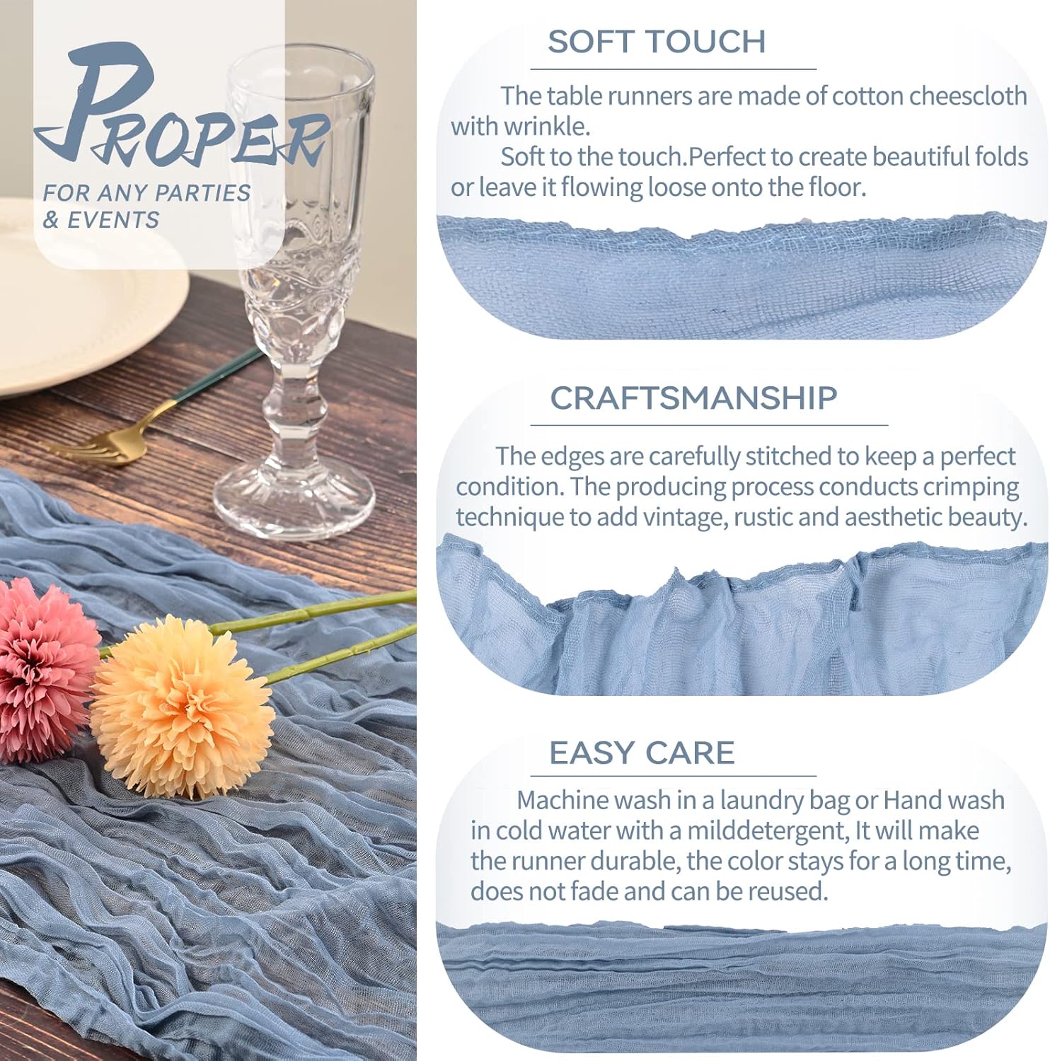 YMHPRIDE 2 Packs Cheesecloth Table Runner, 35"x120" Dusty Blue Rustic Gauze Fabric Boho Table Runner, Cheesecloth Wedding Table Decor Table Cloth for Wedding Party Bridal Shower Table Decorations Secondary image