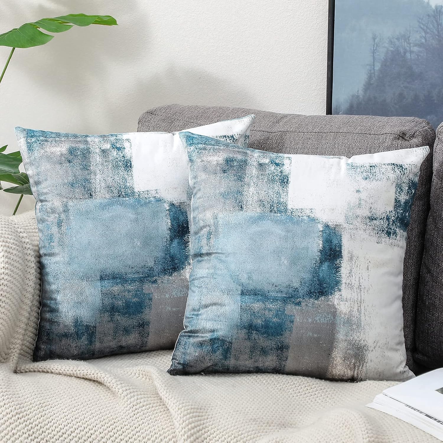 Set of 2 Decorative Velvet Cushion Covers 40 x 40 cm Abstract Art Decor Pillow Case Blue Grey Cushion Cover 16x16 inches for Outdoor Patio Garden Blench Living Room Sofa Farmhouse Decor Main image