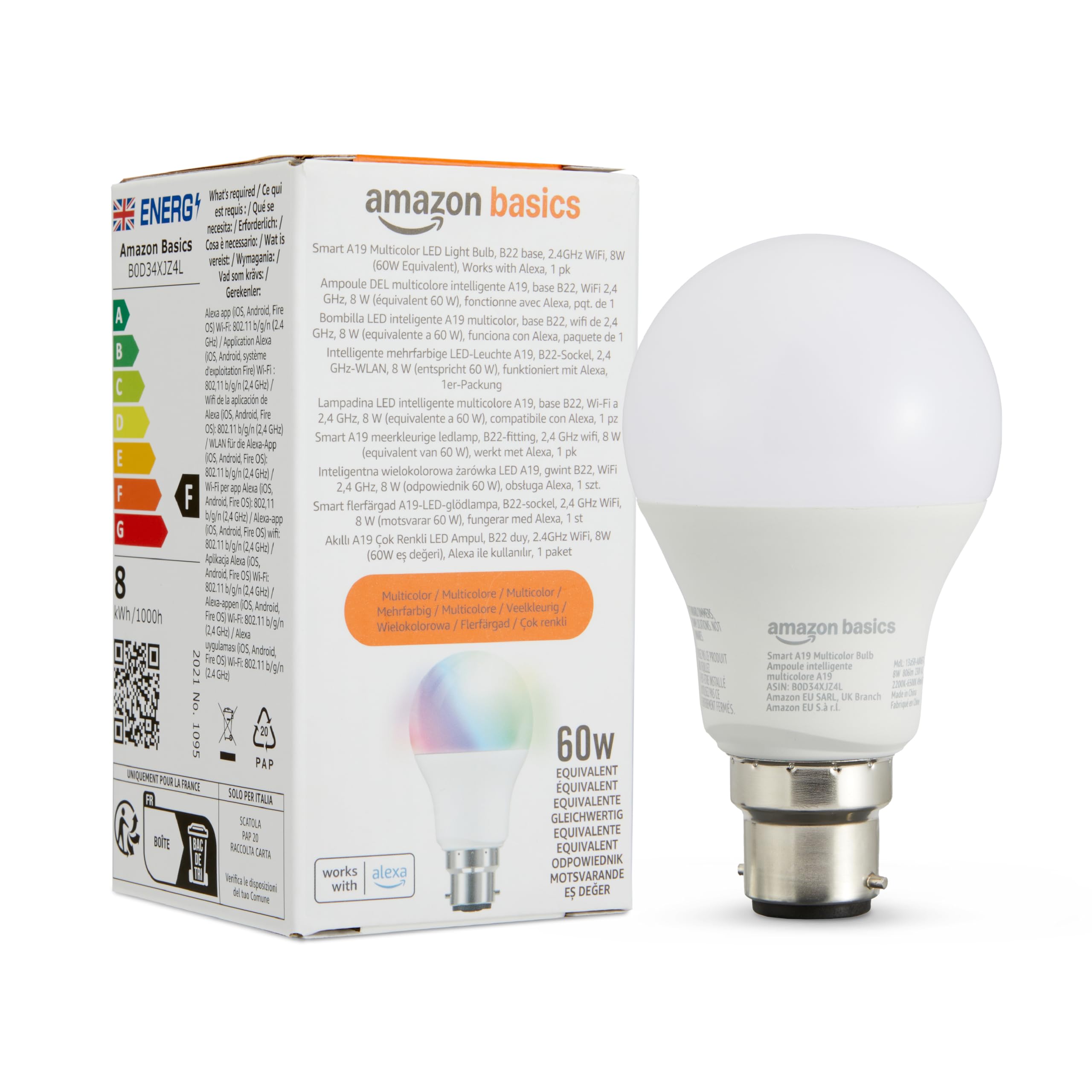 Smart Multicolor LED Light Bulb, B22 Base, 8W (60W Equivalent), Works with Alexa Only, 1 Pack
