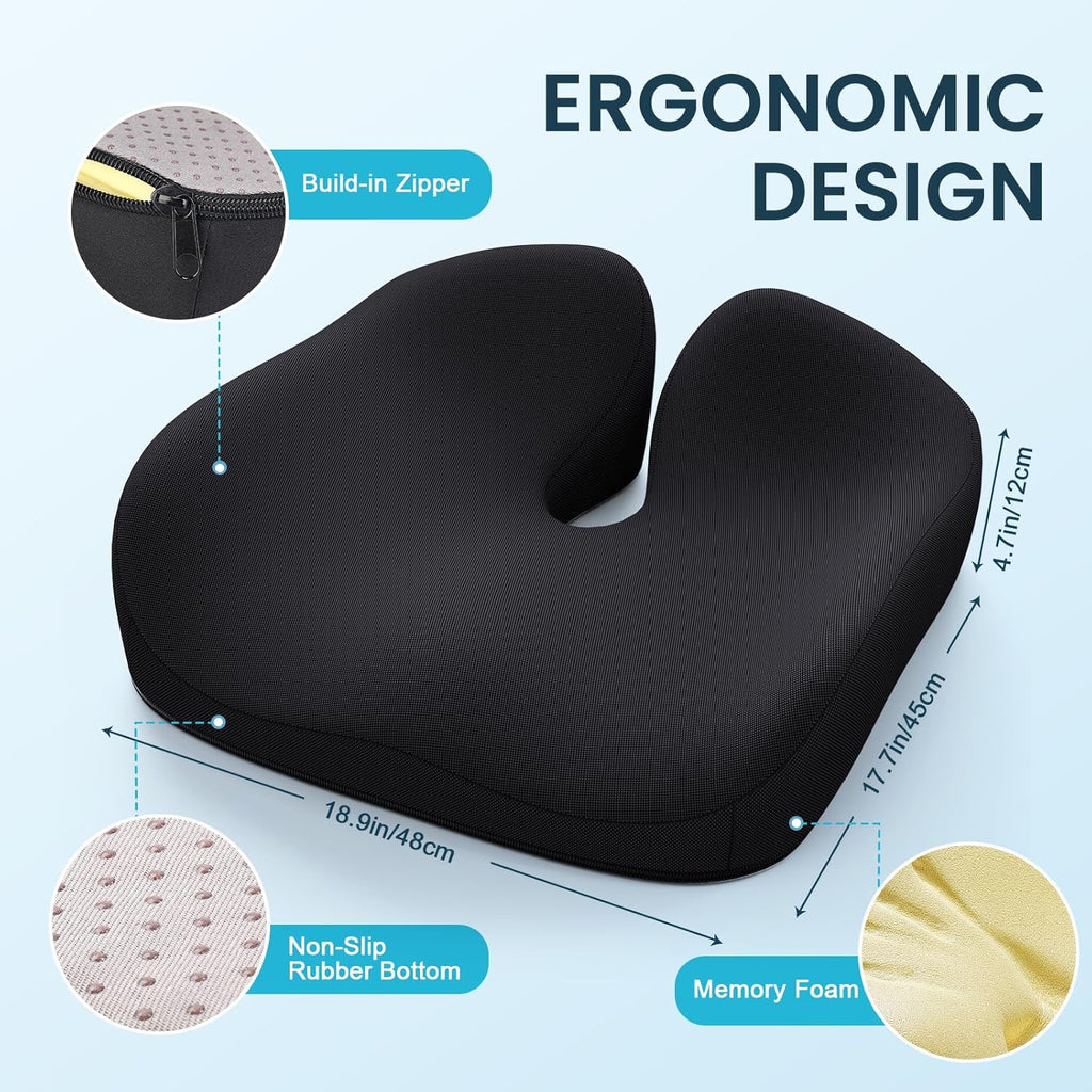 Seat Cushion, Memory Foam Cushion for Office Chair - Ergonomic Chair Cushions for Tailbone Pain Relief, Sciatica & Back Support, Office Chair Cushion & Coccyx Cushion