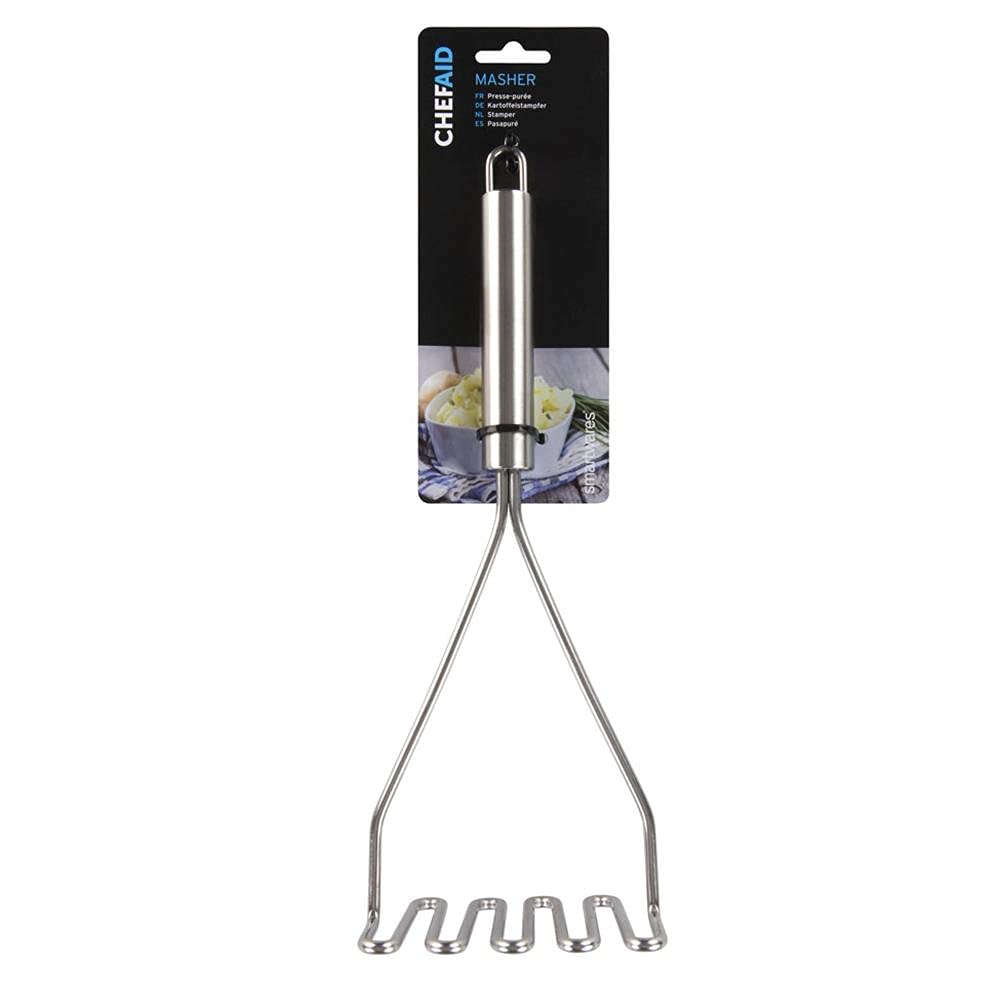 Stainless Steel Masher, Perfect mashing tool for use on Potatoes, Baby food, Vegetables and Fruit, fitted with easy store hanging loop, Dishwasher safe, Silver