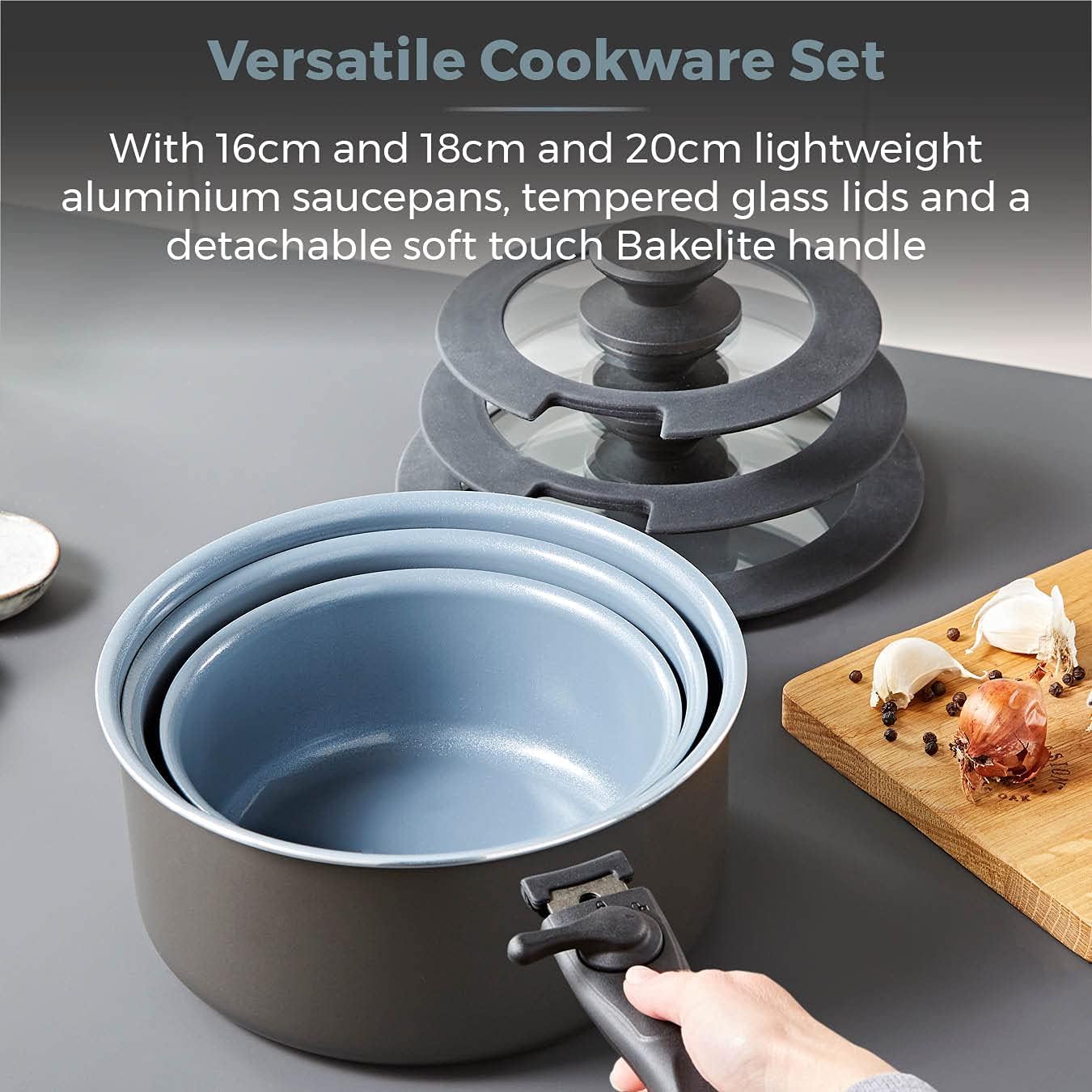 Freedom T800201 7 Piece Cookware Set with Ceramic Coating, Stackable Design and Detachable Handle, Graphite, Aluminium, Black