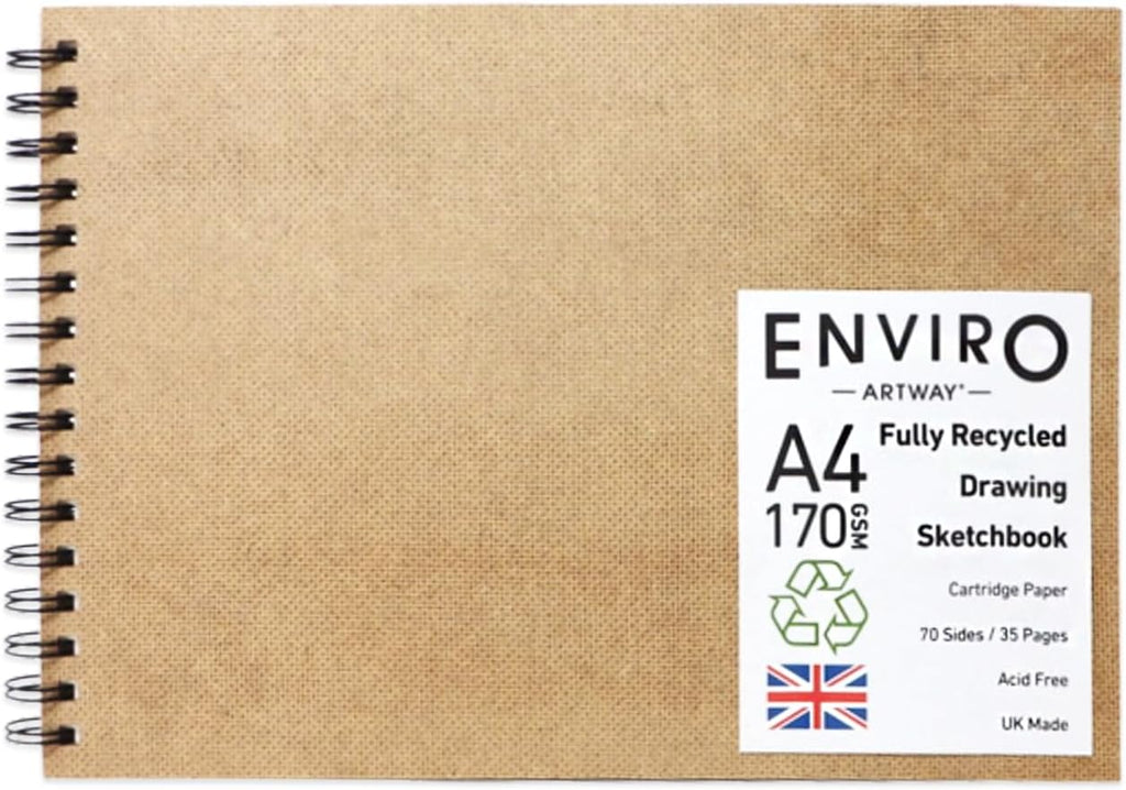 Enviro – Spiral Bound A4 Sketchbook – Landscape - 70 Sides/35 Pages of Recycled 170gsm Drawing Paper – 100% Recycled Sketchbook / Scrapbook, White