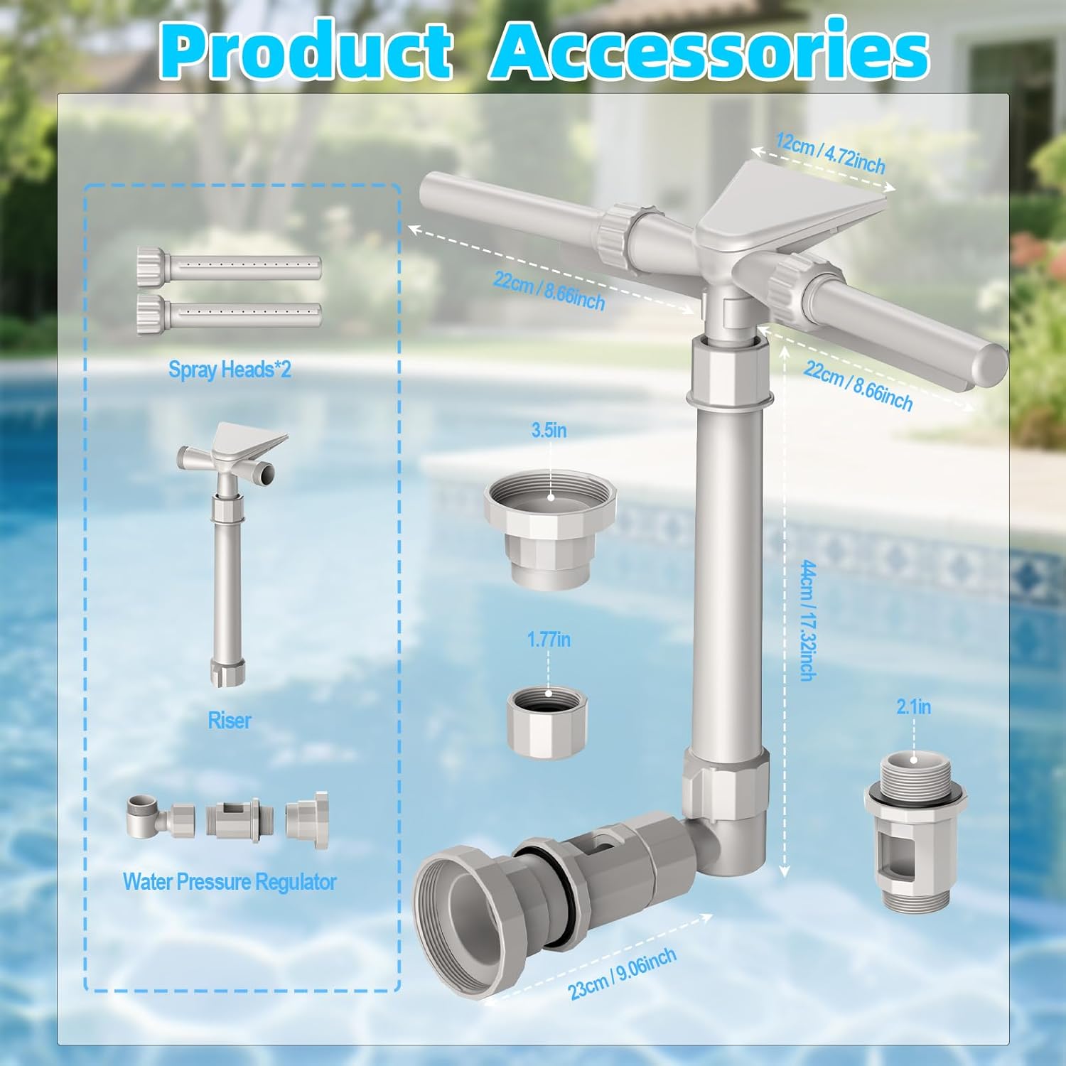 Pool Fountain for Above and In-Ground Pools, XJUGEZ 360° adjustable Dual Mode Waterfall pool sprinkler fountain, pressure and height adjustable pool accessories for ground pools, multi-size interfaces