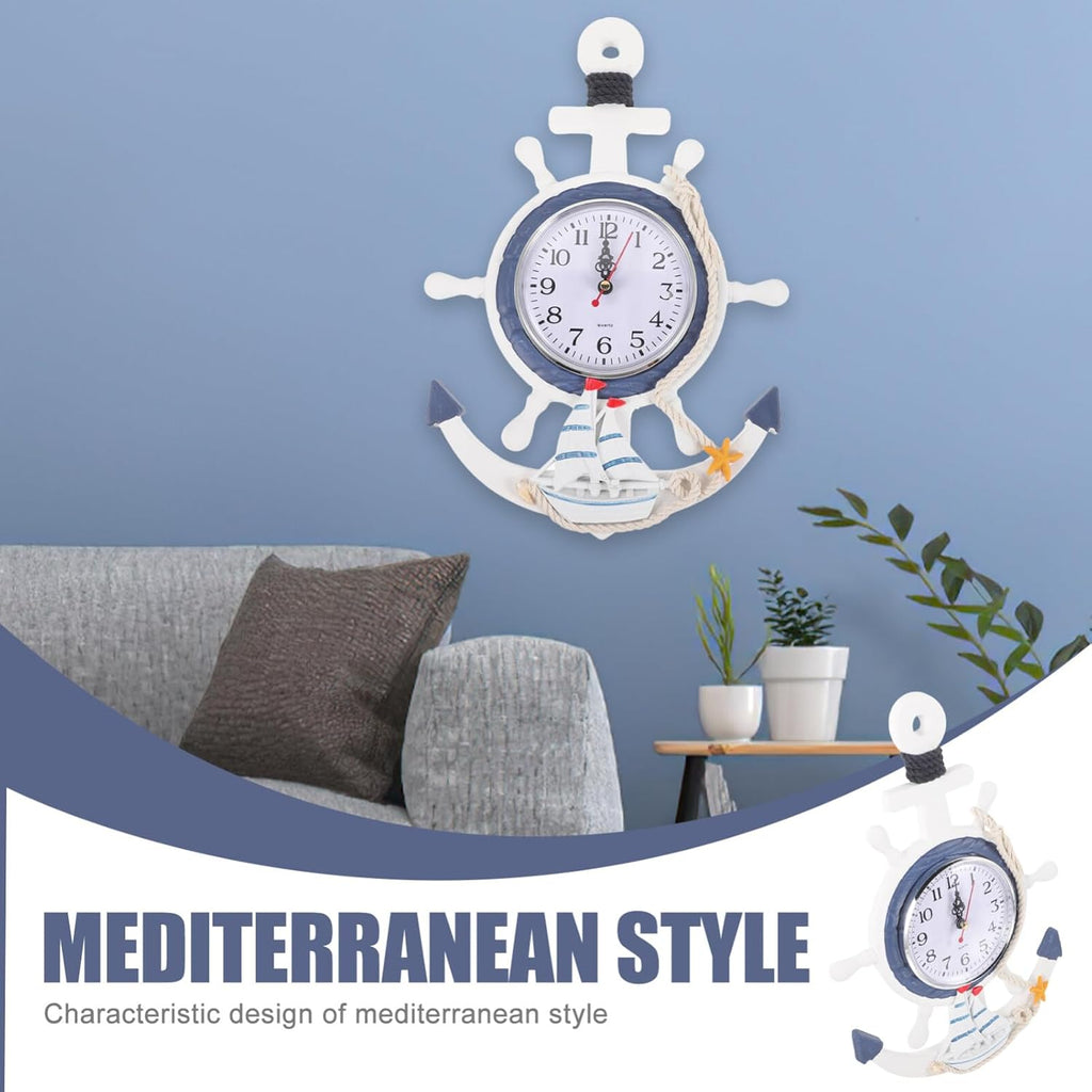 IMIKEYA Mediterranean Style Anchor Clock, Outdoor ClocksNautical Anchor Ship Steering Wheel Fishing Net Wall Clock for Beach Sea Theme Decor