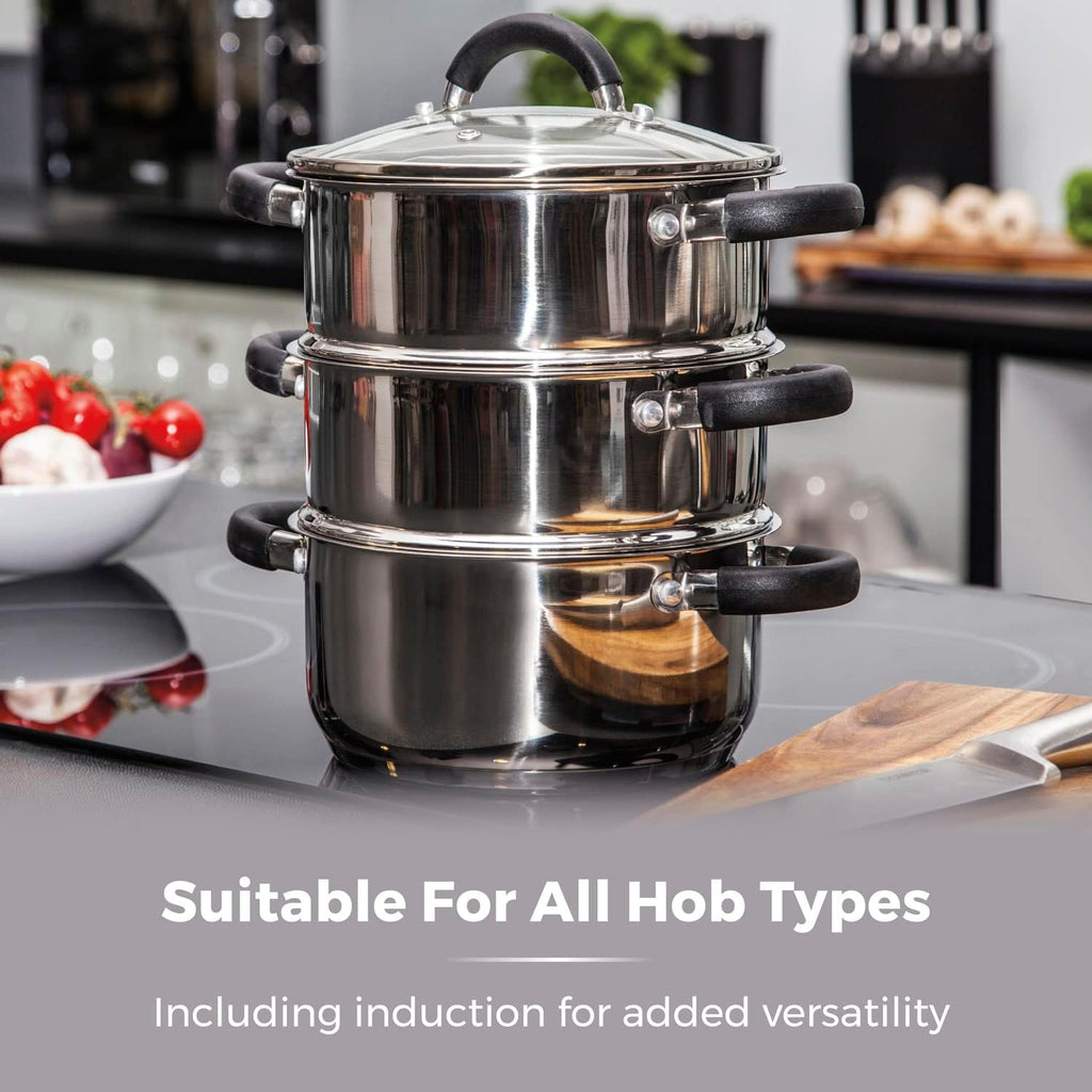 T80836 3-Tier Steamer with Encapsulated Base and Tempered Glass Lid with Steam Release Vent, Induction Compatible, Stainless Steel, Silver