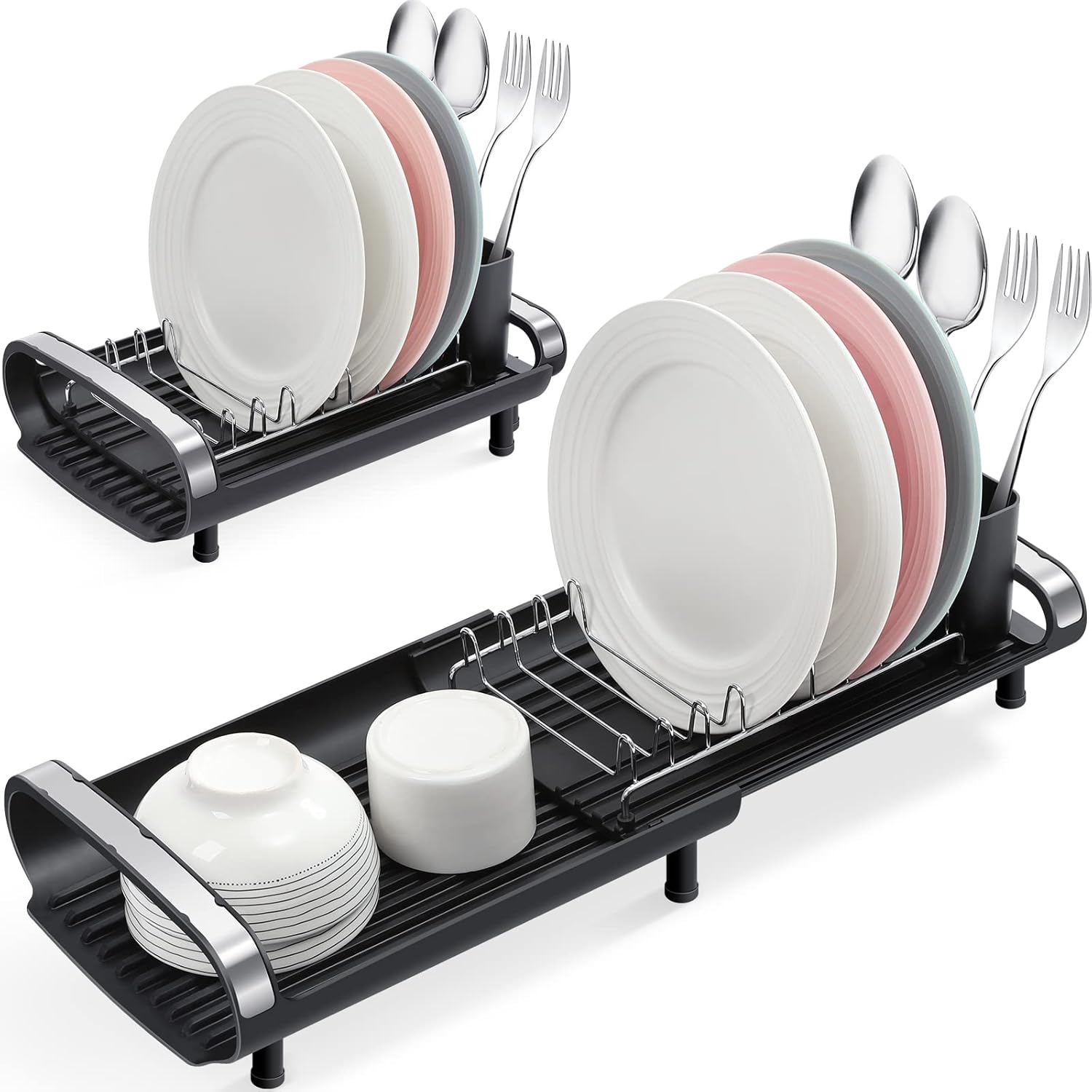 Small Dish Drainer, Expandable Dish Drainer Rack, Dish Rack With Removable Cutlery Holder, Anti Rust Small Sink Drainer, Expandable Draining Board Rack For Kitchen Counter, Black Main image
