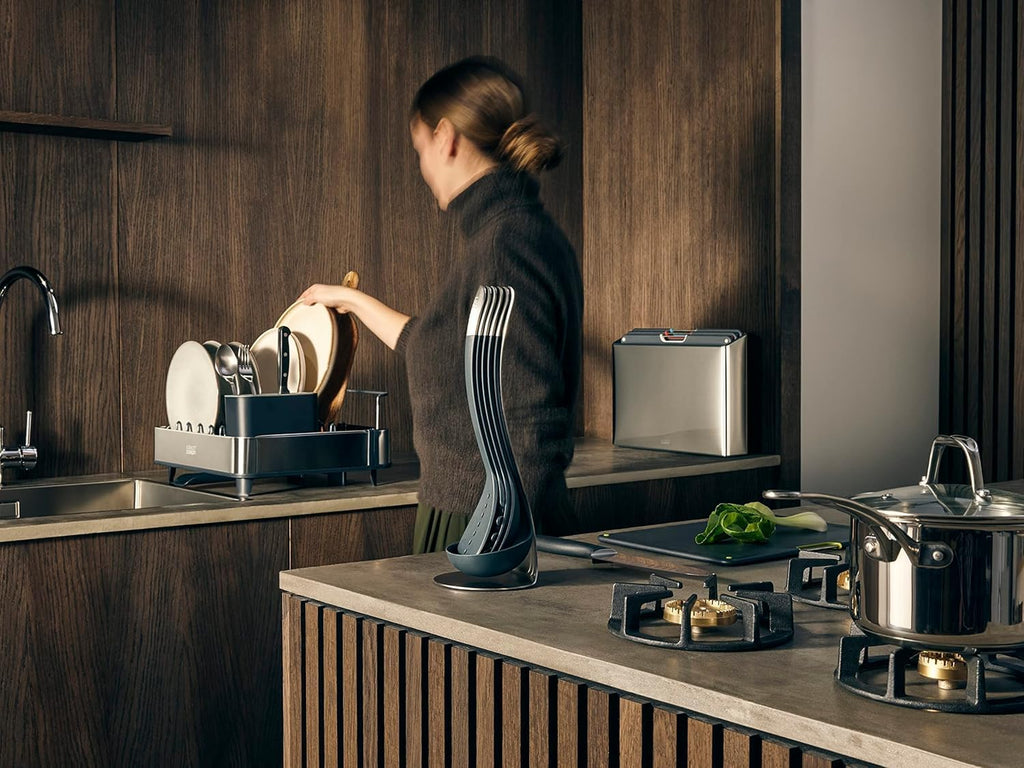 extend steel expandable dish drainer rack with removable cutlery holder swivel draining spout - grey/steel, 4