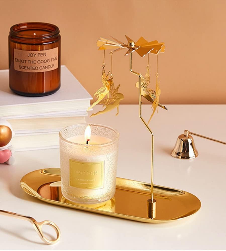 Spinning Candle Holder with Tray, Golden Candle Spinner,Rotating Metal Tea Light Candle Holder for Table Centerpiece Valentine's Day, Xmas Party Decor or Gift (Elf)