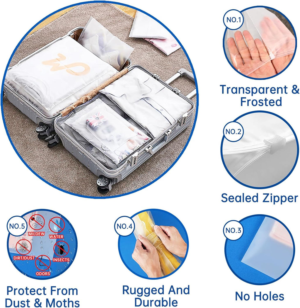 50 Pcs 5 Sizes Zip Lock Bags for Clothes,Maternity Hospital Bag Organiser Pouches,Clear Plastic Reusable Ziplock Bags for Clothes,Travel,Luggage,Shoes,Cosmetics,Frosted and Transparent,No Holes