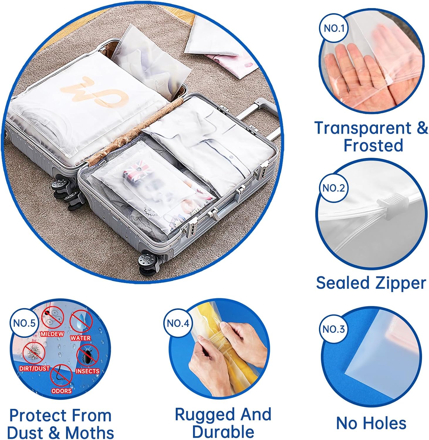 50 Pcs 5 Sizes Zip Lock Bags for Clothes,Maternity Hospital Bag Organiser Pouches,Clear Plastic Reusable Ziplock Bags for Clothes,Travel,Luggage,Shoes,Cosmetics,Frosted and Transparent,No Holes