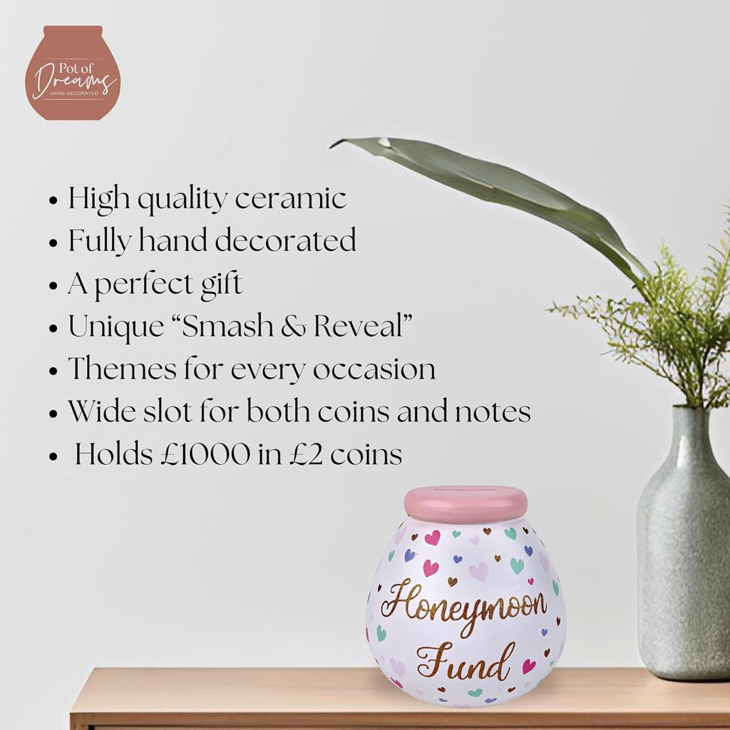 Honeymoon Fund Hand Painted Save And Smash Handcrafted Ceramic Money Box | Eco Freindly & Recyclable Pink Piggy Bank | Decorative Gift and Save for Wedding & Honeymoon fund